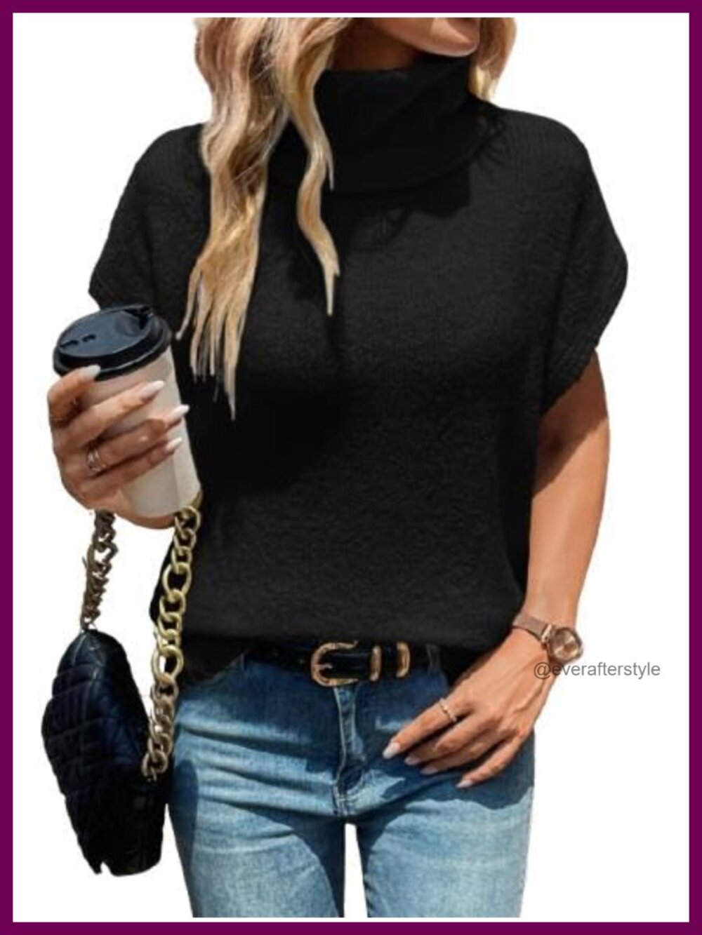 Turtleneck Cap Sleeve Sweater Vest Pullover Knitted Top Loose Oversized
